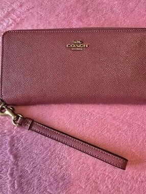 Coach Pink Saffiano Zip Wallet with Gold Hardware
